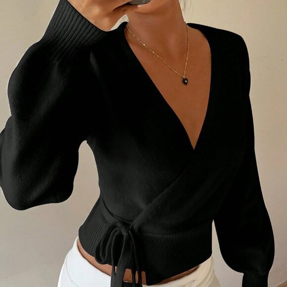 Black Casual Women's Sexy Versatile Tie-Front Deep V Cardigan - Picture 4 of 7